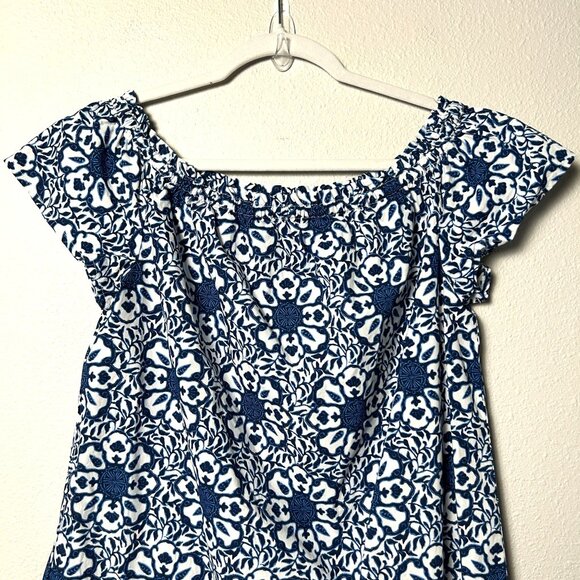 Vineyard Vines Off The Shoulder Mini Dress Womens S Blue White Tile Medallion - Picture 2 of 10